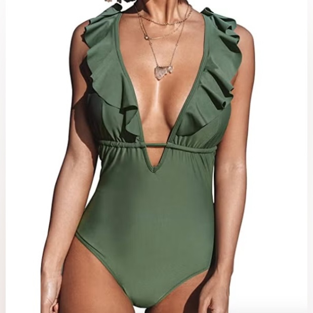Green Ruffled Plunge One-Piece Swimsuit